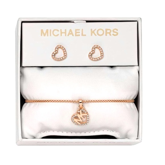 Michael Kors Rose Gold Crystal Heart Stud Earring & Logo Charm Bracelet Box Set. - Picture 5 of 16